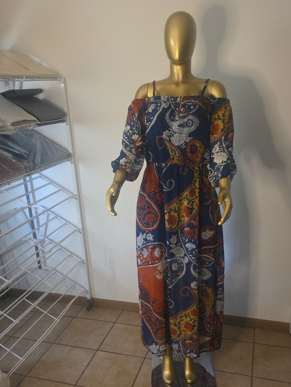 Women’s Navy Paisley Off-Shoulder Maxi Dress